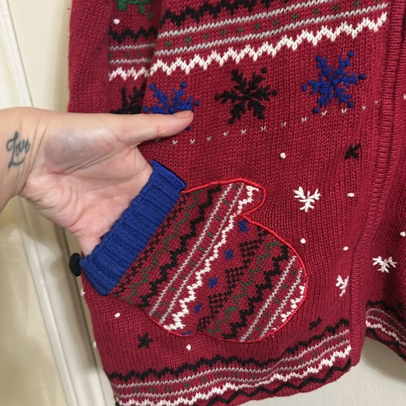 Vintage Christmas Cardigan Zip Sweater with Faux Fur Collar Embroidered/Beaded - Picture 2 of 7